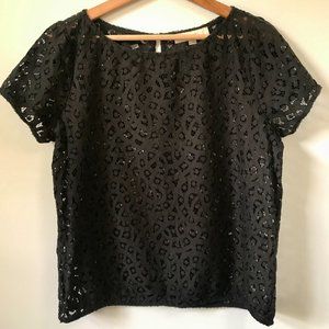 Ann Taylor LOFT Black Short Sleeve Eyelet Lace Blouse, Size M